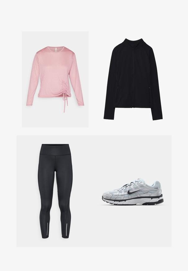 Giacca nera a maniche lunghe con zip e collo alto, due tasche frontali con zip, mostrata distesa su sfondo bianco.; Maglietta a maniche lunghe rosa realizzata in tessuto morbido, con dettaglio arricciato in vita e lacci regolabili, e scollatura rotonda.; Leggings neri realizzati in materiale elastico con una vita alta, caratterizzati da dettagli riflettenti vicino alle caviglie e una texture liscia.; Sneakers Nike P-6000 con una toma superiore in mesh grigio chiaro, accenti neri e una resistente suola in gomma nera. Dotati di un design intricato e di un sistema di allacciatura.