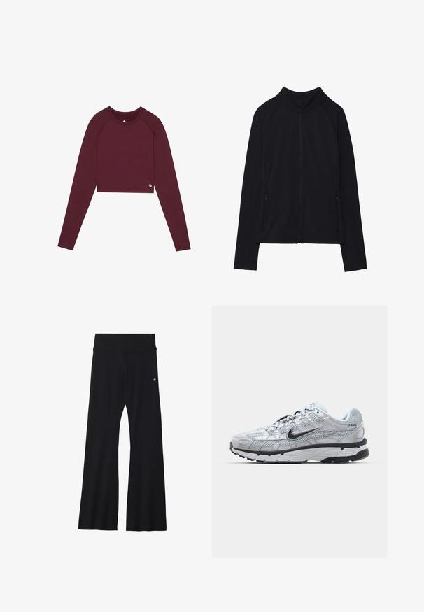 Schwarze, langärmelige Jacke mit Reißverschluss, hohem Kragen und zwei vorderen Reißverschlusstaschen, flach auf weißem Hintergrund präsentiert.; Burgunderfarbener Langarm-Cropped-Top mit Rundhalsausschnitt, enganliegendem Design und minimalem Branding-Detail am Saum. Glatte Textur und dehnbare Stoffqualität.; Schwarze ausgestellte Hose aus elastischem Material, mit breitem Bund und kleinem Logo an der Hüfte. Glatte Textur und ganzlanger Schnitt.; Nike P-6000 Sneakers mit einem Obermaterial aus leichtem grauem Mesh, schwarzen Akzenten und einer langlebigen schwarzen Gummisohle. Verfügt über ein komplexes Design und ein Schnürsystem.