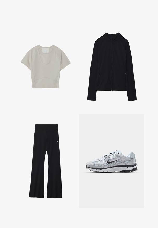 Chaqueta negra de manga larga con cremallera, cuello alto y dos bolsillos delanteros con cremallera, exhibida plana sobre un fondo blanco.; Top corto deportivo beige con mangas cortas, cuello redondo y detalles de costuras. Fabricado con una tela ligera y elástica para mayor comodidad.; Pantalones negros acampanados hechos de material elástico, con una cintura ancha y un pequeño logo en la cadera. Textura suave y diseño de largo completo.; Zapatillas Nike P-6000 con parte superior de malla gris claro, acentos negros y suela de goma negra duradera. Presentan un diseño intrincado y un sistema de cordones.