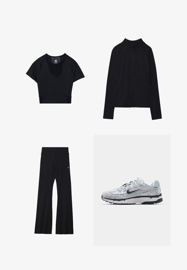 Even&Odd active Træningsjakke - black; Sorte atletiske cropped top med korte ærmer, har en rund hals, teksturerede paneldetaljer og en tætsiddende design for et strømlinet look.; Even&Odd active ESSENTIAL HIGH RISE FLARED LEGGINGS - Tights - black; Nike P-6000 sneakers med en lys grå mesh overdel, sorte accenter og en holdbar sort gummisål. Har et detaljeret design og snøresystem.