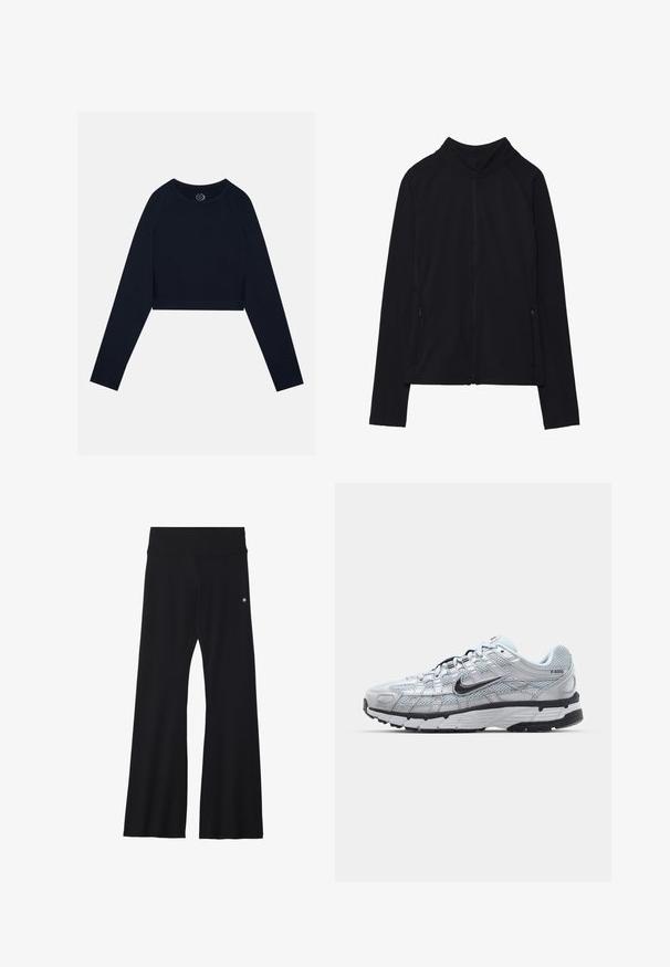Casaco preto de mangas compridas com fecho de correr, gola alta e dois bolsos frontais com fecho, apresentado estendido sobre fundo branco.; Top de manga comprida cropped em azul-marinho, com mangas raglan e decote redondo. Textura suave e lisa com detalhes em rede respirável nas laterais.; Calças pretas com folga, feitas de material elástico, com uma cintura larga e um pequeno logótipo na anca. Textura lisa e design de comprimento total.; Ténis Nike P-6000 com um cabedal em malha cinza claro, detalhes em preto e uma sola de borracha preta durável. Apresenta um design intrincado e um sistema de atacadores.