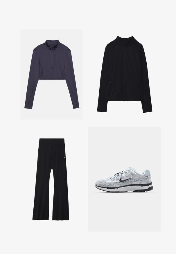 Zwarte lange mouwen jas met ritssluiting, hoge kraag en twee voorzakken met rits, plat neergelegd tegen een witte achtergrond.; Korte, langlopende top van donkermarine stof. Heeft een hoge kraag en een halve rits aan de voorkant. Glad textuur met minimale stiknaad.; Zwarte wijde broek gemaakt van rekbare stof, met een brede tailleband en een klein logo op de heup. Gladde textuur en een broek van volledige lengte.; Nike P-6000 sneakers met een lichtgrijze mesh bovenkant, zwarte accenten en een duurzame zwarte rubberen zool. Kenmerkt zich door een ingewikkeld ontwerp en vetersysteem.