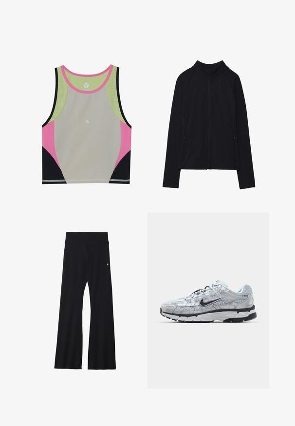 Giacca nera a maniche lunghe con zip e collo alto, due tasche frontali con zip, mostrata distesa su sfondo bianco.; Top corto sportivo colorato con un corpo grigio chiaro, dettagli in rosa, nero e verde, e un collo rotondo con dettagli perforati.; Pantaloni neri svasati realizzati in materiale elasticizzato, con una cintura ampia e un piccolo logo sull'anca. Tessuto liscio e design a tutta lunghezza.; Sneakers Nike P-6000 con una toma superiore in mesh grigio chiaro, accenti neri e una resistente suola in gomma nera. Dotati di un design intricato e di un sistema di allacciatura.