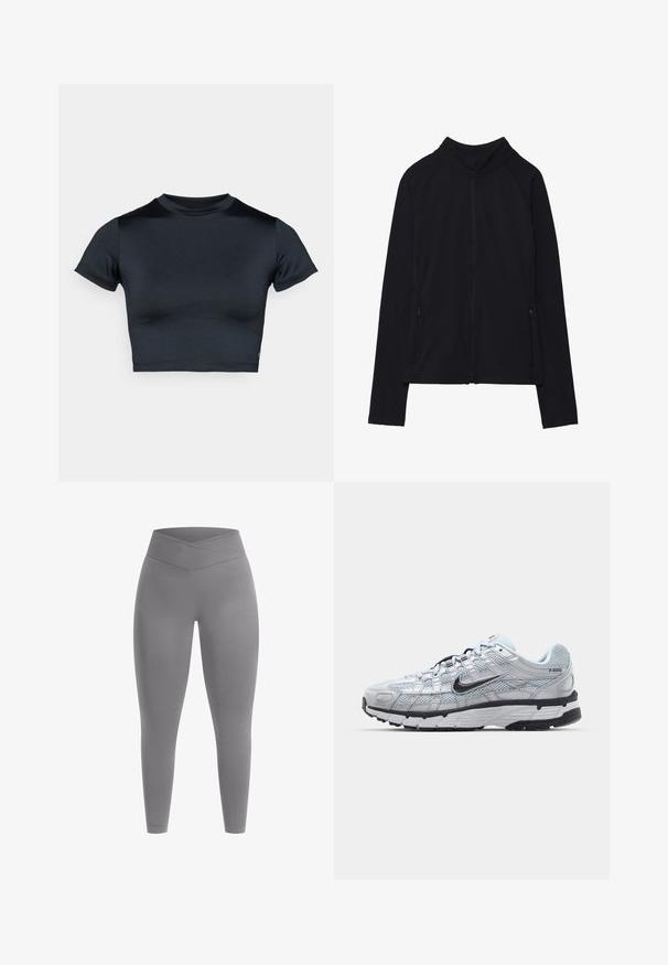 Musta pitkähihainen vetoketjullinen takki, jossa korkea kaulus ja kaksi etutaskua vetoketjulla, esitettynä tasaisesti valkoista taustaa vasten.; Lyhythihainen lyhyt toppi tummansinisenä, valmistettu sileästä, joustavasta kankaasta. Pyöreä pääntie ja minimaalinen ompeludetaljit. Ei näkyviä logoja.; Harmaat legginsit, joissa korkea, ristikkäin neulottu resorivyötärö. Sileä pinta ja tiiviisti istuva muoto. Ei näkyviä kuvioita tai koristeita.; Nike P-6000 tennarit, joissa on vaaleanharmaa verkkomateriaali, mustia yksityiskohtia ja kestävä musta kumipohja. Ominaisuuksia ovat monimutkainen muotoilu ja nauhoitusjärjestelmä.
