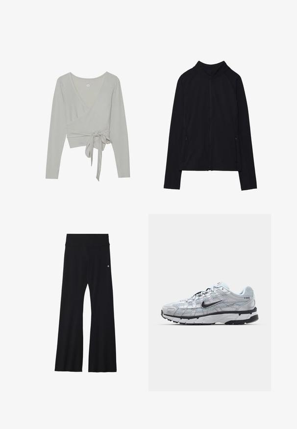 Črna jakna z dolgimi rokavi, z zadrgo, visokim ovratnikom in dvema sprednjima žepoma z zadrgo, položena ravno na belo ozadje.; Svetlo bež dolg rokav zavit zgornji del v rebrasti teksturi. Ima globok V-izrez in detajl z vezanjem okoli pasu.; Črne široke hlače iz raztegljivega materiala z širokim pasom in majhno logotipom na boku. Gladek tekstura in dolžina do tal.; Nike P-6000 športni copati z lahkim sivim mrežastim zgornjim delom, črnimi dodatki in trdim črnim gumijastim podplatom. Imajo zapleten dizajn in sistem vezalk.