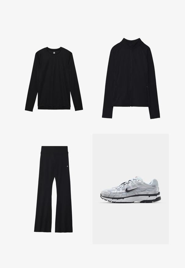 Black long-sleeve zip-up jacket with high collar and two front zippered pockets, displayed flat against white background.; Black long-sleeve shirt with a round neckline, made of smooth fabric, featuring a subtle texture and a straight hemline.; Black flared pants made from stretchy material, featuring a wide waistband and a small logo on the hip. Smooth texture and full-length design.; Nike P-6000 sneakers with a light grey mesh upper, black accents, and a durable black rubber sole. Features intricate design and lacing system.