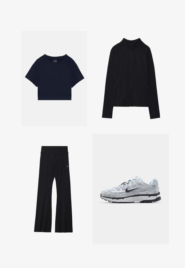 Chaqueta negra de manga larga con cremallera, cuello alto y dos bolsillos delanteros con cremallera, exhibida plana sobre un fondo blanco.; Camiseta recortada de color azul marino con mangas cortas tipo raglán, escote redondo y acentos laterales texturizados. Hecha de una tela suave y cómoda.; Pantalones negros acampanados hechos de material elástico, con una cintura ancha y un pequeño logo en la cadera. Textura suave y diseño de largo completo.; Zapatillas Nike P-6000 con parte superior de malla gris claro, acentos negros y suela de goma negra duradera. Presentan un diseño intrincado y un sistema de cordones.