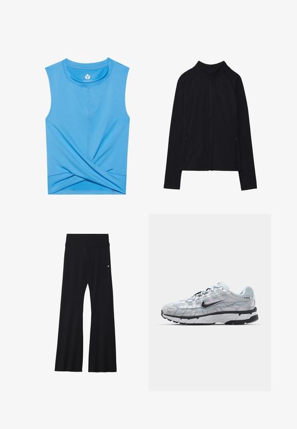 Musta pitkähihainen vetoketjullinen takki, jossa korkea kaulus ja kaksi etutaskua vetoketjulla, esitettynä tasaisesti valkoista taustaa vasten.; Sininen hihaton paita, joka on valmistettu pehmeästä materiaalista, sisältää kierretyn muotoilun alaosassa, pyöreän kaula-aukon ja tasaisia saumoja mukavuutta varten.; Mustat liehukkeet joustavasta materiaalista, joissa on leveä vyötärönauha ja pieni logo lonkassa. Sileä pinta ja täyspitkä malli.; Nike P-6000 tennarit, joissa on vaaleanharmaa verkkomateriaali, mustia yksityiskohtia ja kestävä musta kumipohja. Ominaisuuksia ovat monimutkainen muotoilu ja nauhoitusjärjestelmä.