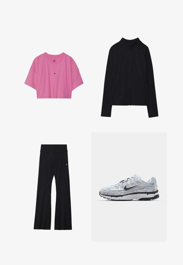 Casaco preto de mangas compridas com fecho de correr, gola alta e dois bolsos frontais com fecho, apresentado estendido sobre fundo branco.; T-shirt desportiva cor-de-rosa cortada, feita de tecido suave, com mangas curtas e gola redonda. Pequeno logótipo centrado no peito.; Calças pretas com folga, feitas de material elástico, com uma cintura larga e um pequeno logótipo na anca. Textura lisa e design de comprimento total.; Ténis Nike P-6000 com um cabedal em malha cinza claro, detalhes em preto e uma sola de borracha preta durável. Apresenta um design intrincado e um sistema de atacadores.