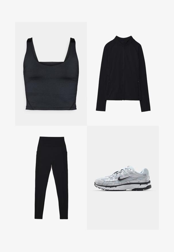 Black long-sleeve zip-up jacket with high collar and two front zippered pockets, displayed flat against white background.; Black cropped tank top featuring a smooth, stretchy fabric, wide shoulder straps, and a square neckline with minimal stitching details.; Black leggings with a high, ribbed waistband, seamless design, side pockets, and a smooth texture throughout.; Nike P-6000 sneakers with a light grey mesh upper, black accents, and a durable black rubber sole. Features intricate design and lacing system.