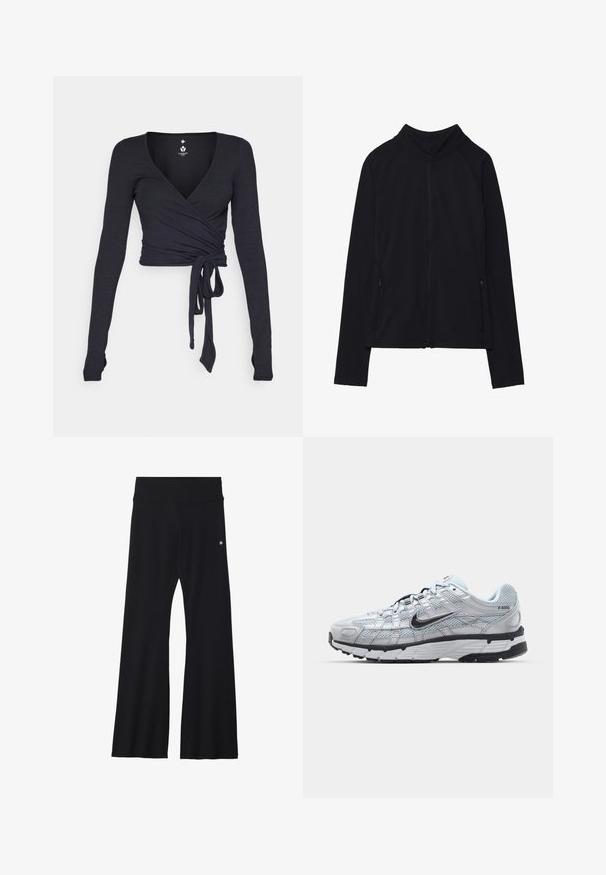 Svart långärmad jacka med dragkedja, hög krage och två framfickor med dragkedja, uppvisad plant mot vit bakgrund.; Långärmad omslagsblus i mörk marinblått tyg med v-ringning, som har en knytning framtill och en slät textur.; Svarta utsvängda byxor i stretchigt material med bred midjeband och en liten logotyp på höften. Mjuk textur och hel längd.; Nike P-6000 sneakers med en ljusgrå nätövre, svarta accenter och en hållbar sula i svart gummi. Har en intrikat design och snörningssystem.
