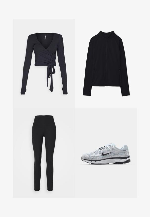 Casaco preto de mangas compridas com fecho de correr, gola alta e dois bolsos frontais com fecho, apresentado estendido sobre fundo branco.; Top de manga longa em tecido azul marinho escuro com decote em V, apresentando um detalhe frontal amarrado e uma textura suave.; Leggings pretos com uma cintura alta, feitos de um tecido elástico. Textura lisa, pernas ajustadas e sem costuras ou padrões visíveis.; Ténis Nike P-6000 com um cabedal em malha cinza claro, detalhes em preto e uma sola de borracha preta durável. Apresenta um design intrincado e um sistema de atacadores.