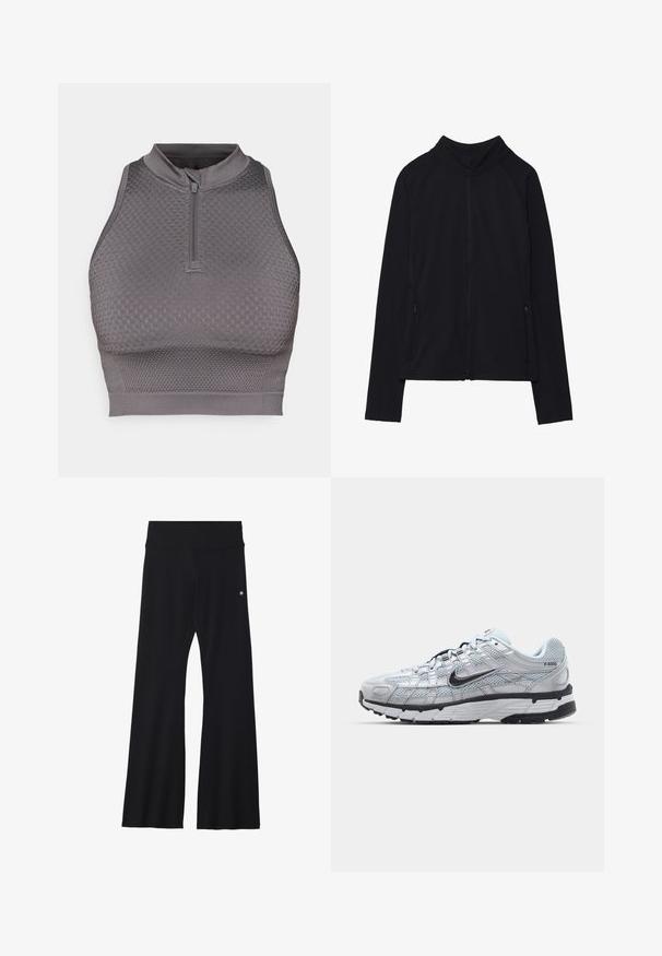 Even&Odd active Giacca sportiva - black; Top corto sportivo grigio con collo a zip, motivo texture, design aderente e finitura liscia all'orlo e alle aperture per le braccia.; Even&Odd active ESSENTIAL HIGH RISE FLARED LEGGINGS - Leggings - black; Sneakers Nike P-6000 con una toma superiore in mesh grigio chiaro, accenti neri e una resistente suola in gomma nera. Dotati di un design intricato e di un sistema di allacciatura.
