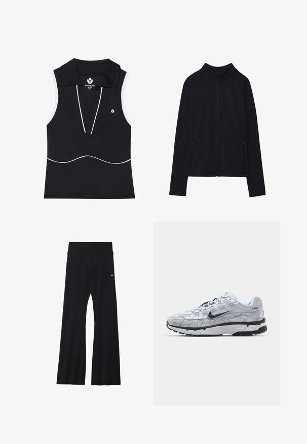 Black long-sleeve zip-up jacket with high collar and two front zippered pockets, displayed flat against white background.; Black sleeveless polo top with a v-neck, white piping accents, stretch fabric, and a small logo on the left chest.; Black flared pants made from stretchy material, featuring a wide waistband and a small logo on the hip. Smooth texture and full-length design.; Nike P-6000 sneakers with a light grey mesh upper, black accents, and a durable black rubber sole. Features intricate design and lacing system.