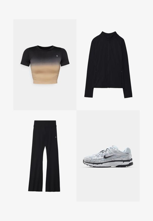 Crna jakna s dugim rukavima na patent zatvarač, visokim ovratnikom i dva prednja džepa na patent, prikazana ravno na bijeloj pozadini.; Kratki rukav, kratki top s gradijentnom nijansom od crne do bež. Glatka tekstura, okrugli izrez i suptilan logo na prsima.; Crne hlače na zvono izrađene od rastezljivog materijala, s širokim pojasom i malim logotipom na kuku. Glatka tekstura i dizajn pune duljine.; Nike P-6000 tenisice sa svijetlosivom mrežastom gornjištu, crnim akcentima i izdržljivom crnom gumenom potplatu. Sadrže složen dizajn i sustav vezivanja.