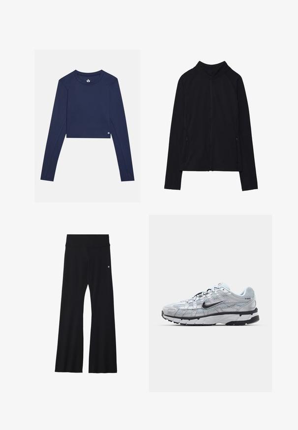 Jachetă neagră cu mâneci lungi și fermoar, guler înalt și două buzunare frontale cu fermoar, prezentată așezată plat pe fundal alb.; Top scurt cu mâneci lungi, de culoare bleumarin, confecționat dintr-un material neted, având un guler rotund și un mic logo pe partea dreaptă jos.; Pantaloni negri evazați din material elastic, cu talie lată și un mic logo pe șold. Textură netedă și design cu lungime completă.; Tenisii Nike P-6000 cu un upper din plasă gri deschis, accente negre și o talpă din cauciuc negru durabilă. Caracterizează un design complex și un sistem de șireturi sofisticat.