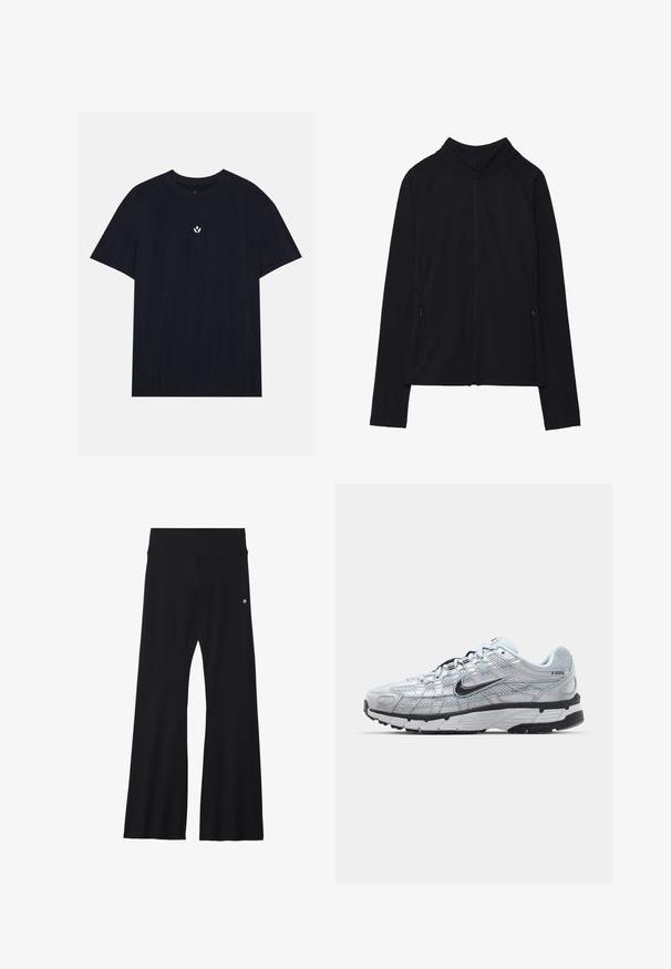 Juoda ilgarankovė striukė su užtrauktuku, aukštu apykakliu ir dviem priekinėmis kišenėmis su užtrauktukais, pateikta išdėstyta ant baltos fono.; Juodas medvilnės marškinėlis su apvaliu iškirpimu, trumpomis rankovėmis ir mažu baltu gėlių emblema, esančia viduryje krūtinės. Lygus paviršius.; Juodos, plisėtos kelnės iš tamprios medžiagos, su plačiu liemens diržu ir mažu logotipu klubo srityje. Lygus tekstūros paviršius ir visiško ilgio dizainas.; Nike P-6000 sportbačiai su šviesiai pilku tinkleliu, juodais akcentais ir patvariu juodu guminėm padais. Yra sudėtingas dizainas ir raištelių sistema.