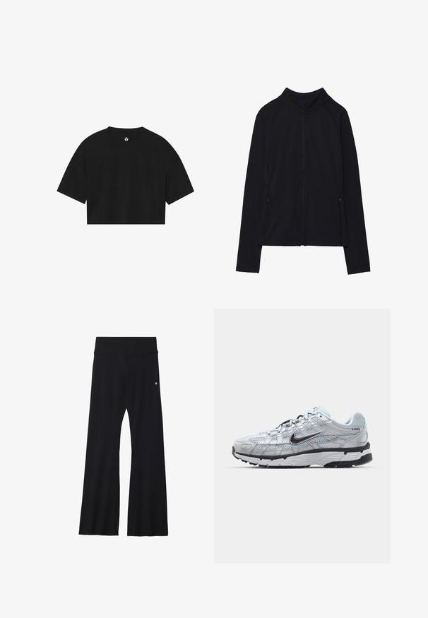Black long-sleeve zip-up jacket with high collar and two front zippered pockets, displayed flat against white background.; Black cropped t-shirt made of soft fabric, featuring short sleeves, a round neck, and a simple logo printed near the collar.; Black flared pants made from stretchy material, featuring a wide waistband and a small logo on the hip. Smooth texture and full-length design.; Nike P-6000 sneakers with a light grey mesh upper, black accents, and a durable black rubber sole. Features intricate design and lacing system.