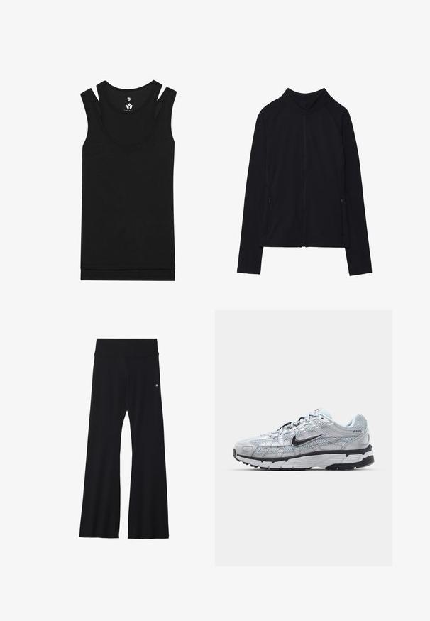 Melna garām piedurknēm jaka ar rāvējslēdzēju, augstu apkakli un divām priekšējām kabatām ar rāvējslēdzēju, attēlota uz baltas virsmas.; Melna bezdelīga ar apaļu kakla izgriezumu un dubulto jostu dizainu. Izgatavota no ribotas auduma ar gludu tekstūru, ar taisnu apakšmalu.; Melnas zvērīgas bikses no elastīga materiāla ar plašu jostasvietu un nelielu logo gurnā. Gluda tekstūra un pilna garuma dizains.; Nike P-6000 sporta apavi ar gaiši pelēku tīkla augšdaļu, melniem akcentiem un izturīgu melnu gumijas zoli. Iekļauj sarežģītu dizainu un saites sistēmu.
