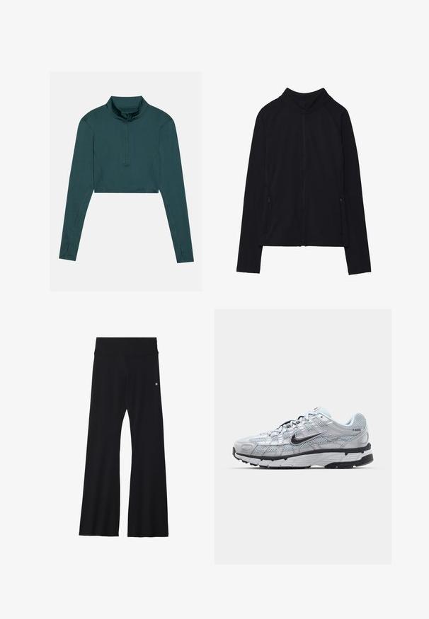 Black long-sleeve zip-up jacket with high collar and two front zippered pockets, displayed flat against white background.; Crop top in dark teal, long sleeves, high collar with a half zip, smooth texture, reinforced stitching on seams.; Black flared pants made from stretchy material, featuring a wide waistband and a small logo on the hip. Smooth texture and full-length design.; Nike P-6000 sneakers with a light grey mesh upper, black accents, and a durable black rubber sole. Features intricate design and lacing system.