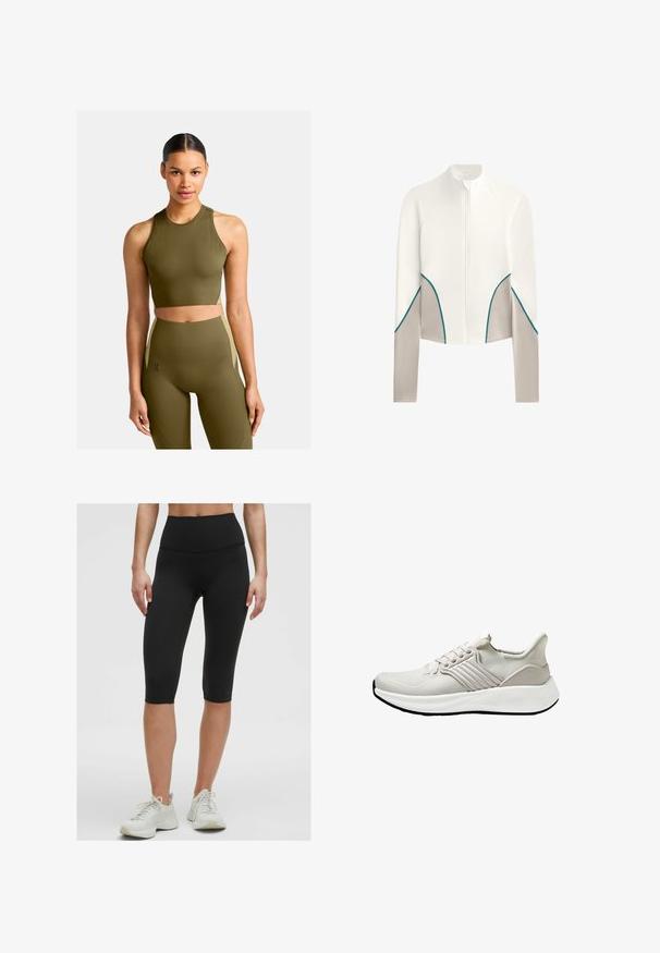 Skórzana kurtka w białym kolorze z jasnoszarymi akcentami, z tealowym obszyciem wzdłuż szwów i z przodu zamkiem błyskawicznym.; On MOVEMENT CROP zielony; Czarne rowerowe szorty o wysokim stanie wykonane z rozciągliwego, gładkiego materiału, kończące się tuż poniżej kolana, w połączeniu z jasnymi butami sportowymi.; Lekki sportowy but w beżowym materiale z siateczki, o teksturowanym wykończeniu, z białą podeszwą i tonalnymi akcentami po bokach. Prosty system sznurowania.