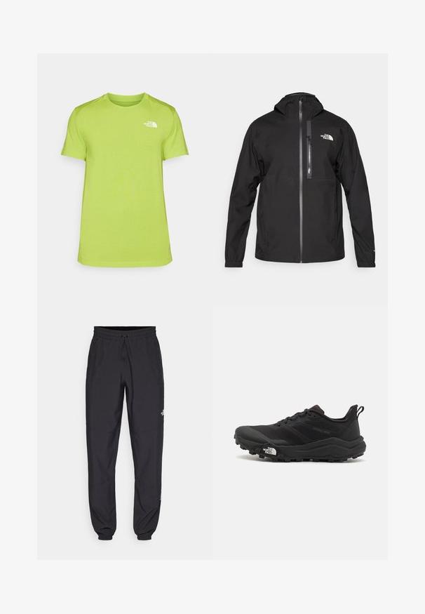 The North Face MOUNTAIN ATHLETICS RAINLIT HOODED - Vodotesná bunda - black; Limetkovozelené tričko s krátkym rukávom vyrobené z materiálu odvádzajúceho vlhkosť, s malým bielym logom na ľavej hrudi a kruhovým výstrihom.; Čierne športové nohavice vyrobené z ľahkej tkaniny, s elastickým pásom na šnurovanie, bočnými vreckami a zúženými manžetami na členkoch.; Čierne trailové behacie topánky s štruktúrovaným zvrškom, gumovou podrážkou a vystuženou špičkou. Obsahuje polstrovaný golier a úchyt na jednoduché obúvanie.