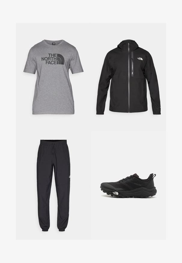 The North Face MOUNTAIN ATHLETICS RAINLIT HOODED - Regenjas - black; Grijze T-shirt met korte mouwen, gemaakt van een katoenmix, met een zwarte grafische print van "THE NORTH FACE" en een gebogen logo detail op de voorkant.; Zwarte sportieve broek gemaakt van lichtgewicht stof, met een trekkoord in de taille, zijzakken en taps toelopende boorden bij de enkels.; Zwarte trailrunning schoen met een gestructureerde bovenkant, rubberen zool en versterkte neus. Voorzien van een gevoerde kraag en een trekhaak voor eenvoudig aan- en uittrekken.