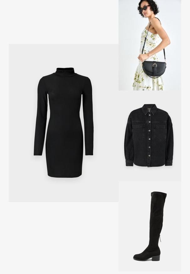 Crna traper košulja s dugim rukavima, ovratnikom, dva prednja džepa i zatvaranjem na gumbe. Mekana tekstura s malo izblijeđenim izgledom.; Crna rebrasta haljina dugih rukava s lažnim ovratnikom, prilagođenim siluetom i glatkom teksturom. Duljina do sredine bedara i bez vidljivih uzoraka ili naglasaka.; Crne čizme iznad koljena izrađene od mekog nubuk materijala, s blok petom i bočnim patentnim zatvaračem za jednostavno obuvanje. Glatka tekstura.; Crna kožna torba s lukovitim oblikom, odvojivim remenom i zlatnim detaljima. Torba ima preklop s kopčom.