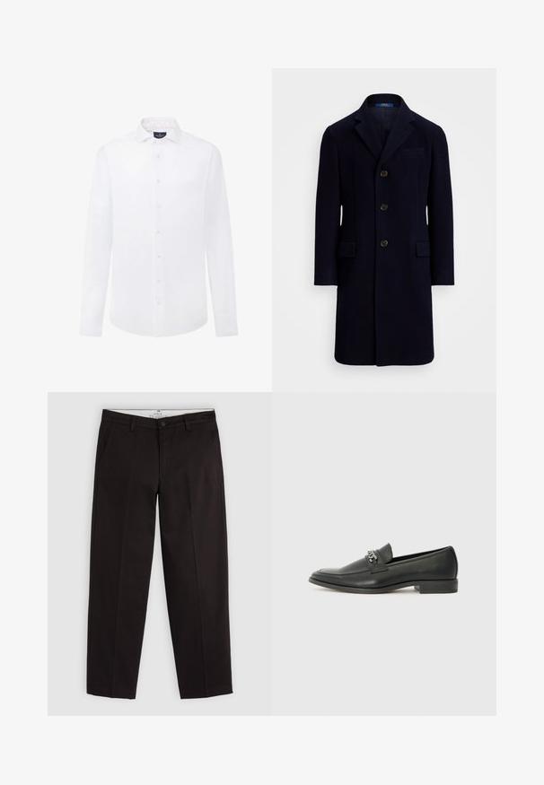 Marineblauwe wollen overjas met een geknipt kraag, vier knopen aan de voorkant en twee voorzakken. Soepele textuur en getailleerde pasvorm.; Witte overhemd met lange mouwen van katoen, met een button-down kraag, knopen aan de voorkant en een subtiel logo op de borst. Glad textuur.; Zwarte rechte chino's met riemlussen, knoopsluiting en zijzakken, weergegeven op een lichtgrijze achtergrond.; Zwarte leren instapper met een gladde afwerking, voorzien van een gestikt ontwerp en een decoratieve metalen kettingaccent over de wreef. Platte hak.