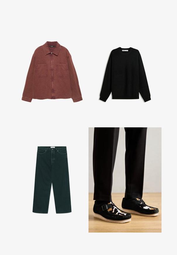 Smeđa jakna na zip s dva velika prednja džepa, ovratnikom i dugim rukavima, prikazana na bijeloj pozadini.; Crni pleteni pulover s okruglim izrezom, spuštenim ramenima i rebrastim manžetama i rubom. Ima teksturiranu tkaninu za dodatnu toplinu.; Tamnozelene široke traperice s dugmadi i patentnim zatvaračem, prednjim džepovima i petljama zaremen, položene ravno na bijeloj pozadini.; Crne i uzorkovane slip-on cipele imaju gornji deo koji liči na kravu s akcentom u obliku kopče i teksturiranim belim đonom. Nošene su s crnim hlačama.