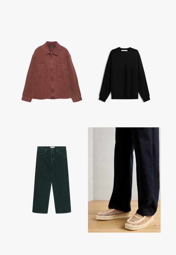 Hnedá bundová sťahovacia bunda s dvoma veľkými prednými vreckami, golierom a dlhými rukávmi, vystavená na bielom pozadí.; Čierny pletený sveter s okrúhlym výstrihom, spadnutými ramenami a rebrovanými manžetami a dolným okrajom. Obsahuje štruktúrovanú tkaninu pre teplo.; Tmavo zelené široké denimové nohavice s gombíkom a zipsom, prednými vreckami a pútkom na opasok, položené na bielom pozadí.; Viacfarebné tkané slip-on topánky s krémovou podrážkou, zvýraznené textúrovaným pásom a kontrastným prešívaním, v kombinácii s tmavými nohavicami.