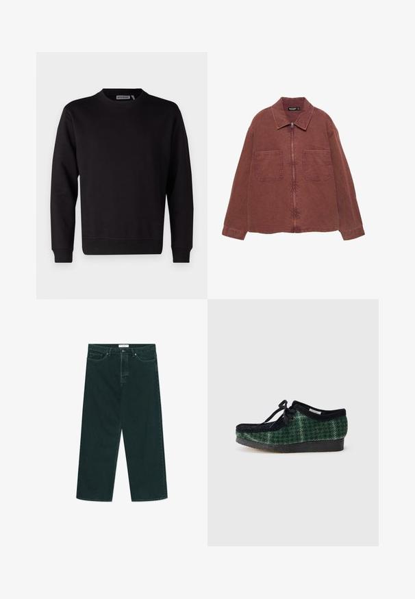 Brun zip-up jakke med to store frontlommer, krave og lange ærmer, udstillet mod en hvid baggrund.; Sort sweatshirt lavet af glat bomuldsblanding, med rund hals, lange ærmer og ribstrikkede manchetter og kant. Ingen mønstre eller accenter synlige.; Mørkegrønne vidde denimjeans med knap- og lynlås lukning, forlommer og bæltestropper, liggende fladt på en hvid baggrund.; Grønne og sorte mønstrede sko med en overdel i ruskind, der har en rund tå, snørebånd og en tekstureret gummisål.