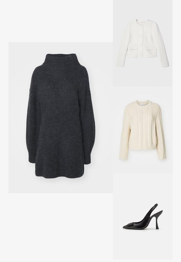 Jaket alb scurt, realizat din țesătură texturată, cu guler împărtit, mâneci lungi, două buzunare frontale și nasturi decorativi.; Pulover crem cu tricotare în cablu, cu guler rotund, mâneci lungi, manșete și tiv cu model înjuriu, având modele texturate pe întreaga suprafață.; Pulover turtleneck de culoare gri închis, realizat dintr-un material tricotat texturat, cu mâneci lungi și un design mai larg, cu o margine ușor evazată.; Pantofii slingback din piele neagră, cu vârf ascuțit, toc subțire și un accent decorativ sub formă de fundiță. Textură netedă și design elegant.; Ree Projects ANN - Geantă de mână - beige