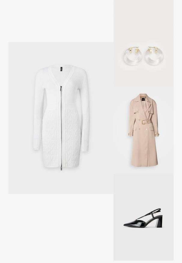 Palton bej cu un design cu două rânduri de nasturi, revere late, talie cu brâu și buzunare laterale. Dispune de accesorii metalice de culoare aurie și o textură netedă.; Rochie alba tricotată cu fermoar frontal, având o textură ribbată pe mâneci și o secțiune inferioară cu un model. Design simplu, ajustat pe întreaga lungime.; Pantofi cu toc înalt din piele patent neagră, cu vârf ascuțit, curea ajustabilă și toc pătrat chunky.; Cercei în forma de inel din acrilic transparent, cu accente din metal de culoare aurie și un finisaj lustruit. Au un design circular, neted.