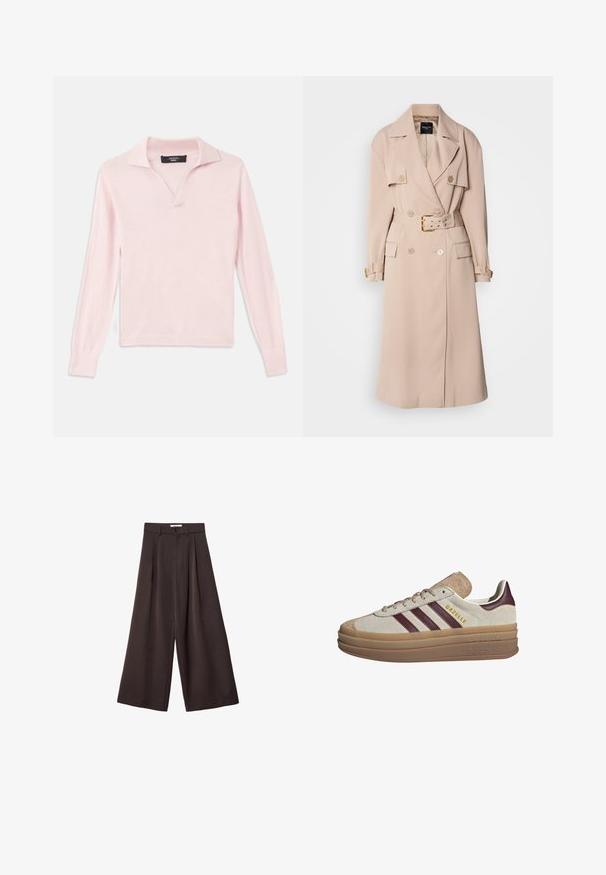 Beige Trenchcoat mit einem doppelt geknöpften Design, breiten Revers, Taillengürtel und seitlichen Taschen. Mit goldfarbenen Beschlägen und einer glatten Textur.; Helle rosa Langarm-Pullover mit Polo-Kragen, V-Ausschnitt und gerippten Bündchen und Saum. Glatte Textur, aus weichem Material gefertigt.; Schwarze, weit geschnittene Hose mit hoher Taille, ausgestattet mit vorderen Falten und einem Knopfverschluss an der Taille, aus glattem Stoff gefertigt.; Beige Wildledersneaker mit maroonfarbenen Streifen, weißen Akzenten, einer klobigen, transparenten Sohle und hervorgehobenem Branding an der Seite. Schnürdesign.