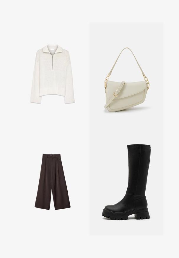 Manteau trench beige à double boutonnage, avec larges revers, taille ceinturée et poches latérales. Présente des détails en métal doré et une texture lisse.; Pull en tricot blanc avec un col zippé mi-haut, des manches larges et un ourlet côtelé. Présente un tissu texturé pour une dimension supplémentaire.; Pantalons larges noirs à taille haute, dotés de pli devant et d'une fermeture à bouton à la taille, fabriqués en tissu lisse.; Bottes noires arrivant aux genoux en simili cuir, dotées d'une semelle en caoutchouc épaisse avec des rainures profondes, d'une surface lisse et de détails de couture minimaux.; Petit sac à main crème avec une finition texturée, une longue sangle réglable, un accent en chaîne et une fermeture à rabat. Détails en matériel doré.