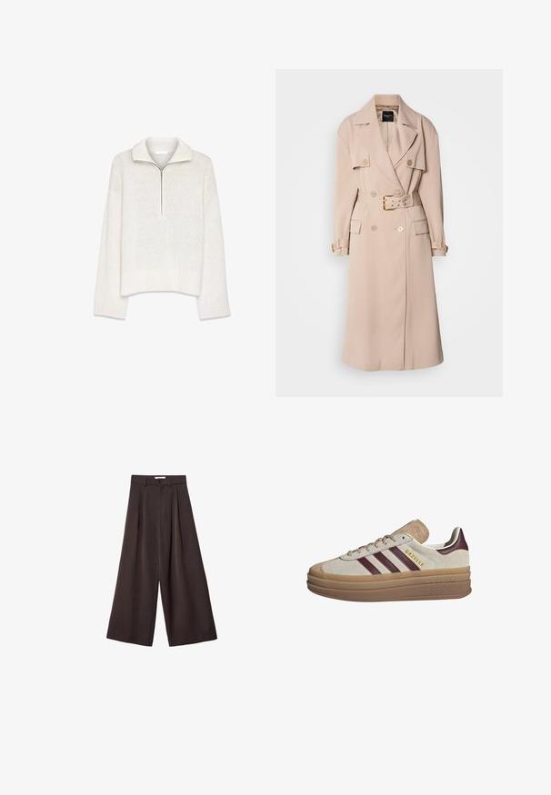Cappotto beige con design doppiopetto, ampie rever, vita cintata e tasche laterali. Presenta accessori in tonalità dorata e una texture liscia.; Pullover bianco lavorato a maglia con colletto a half-zip, maniche ampie e orlo a coste. Presenta una stoffa testurizzata per una maggiore dimensione.; Pantaloni neri a gamba larga con vita alta, caratterizzati da pieghe frontali e chiusura con bottone in vita, realizzati in tessuto liscio.; Sneakers in suede beige con strisce bordeaux, dettagli bianchi, una suola traslucida spessa e un logo in rilievo sul lato. Design con lacci.