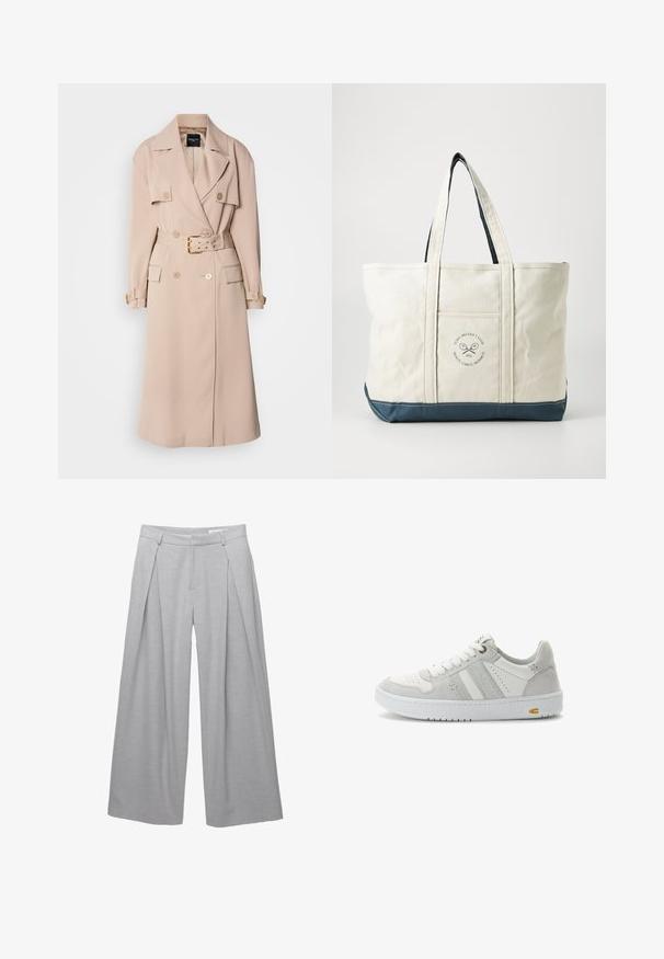 Manteau trench beige à double boutonnage, avec larges revers, taille ceinturée et poches latérales. Présente des détails en métal doré et une texture lisse.; Haut blanc à manches longues avec un col rond. Présente un design ajusté, une texture de tissu lisse et une ligne d'ourlet légèrement raccourcie.; Pantalons larges gris clair, fabriqués en tissu texturé, avec des plis à l'avant, des passants de ceinture et une taille ajustée. Pas de fermetures visibles.; Sneaker blanc et gris clair, mélange de cuir et de daim, bout arrondi, design à lacets, semelle texturée, rayures sur les côtés et un petit accent jaune.; Björn Borg TOTE - Cabas - egret