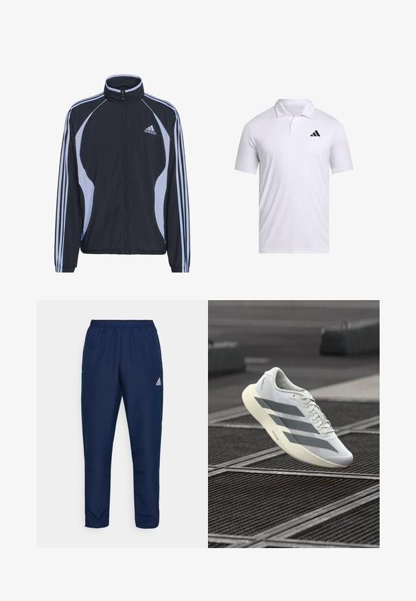 Svart treningsjakke med lyseblå detaljer, glidelås, høy krage, og tre hvite striper på hver erme; laget av lett materiale.; Hvit polo skjorte laget av pustende stoff med krage, med korte ermer og svart Adidas-logo på venstre bryst.; Marinenblå treningsbukser laget av lett, glatt stoff med elastisk midjebånd og hvit logo på venstre lår.; Hvit sportsko med teksturert mesh-overdel, med grå striper og polstret såle. Lett design egnet for løping.