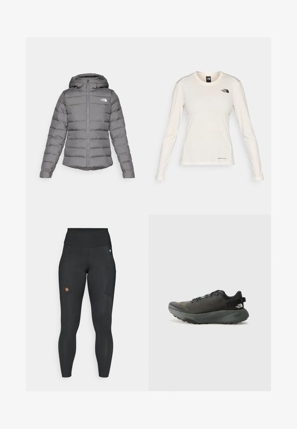 Pilkas pūkinis džemperis su gobtuvu, horizontalios siūlės, priekinis užtrauktukas ir "The North Face" logotipas kairėje krūtinės pusėje.; The North Face SHADOW LONG SLEEVE - Ilgarankovis viršutinės dalies drabužis - white dune; Juodi leggingai iš tamprios medžiagos su aukštu juosmeniu, šoniniais kišenėmis ir maža ruda logotipo žyma ant kairiojo šlaunies.; Tamsiai pilkas sportinis batas su tekstūruotu audiniu, plokščiomis raištelėmis, sustiprintu nykščiu ir storu, tvirtu padu, užtikrinančiu sukibimą. 300 reljefiniu užrašu ant kulno.
