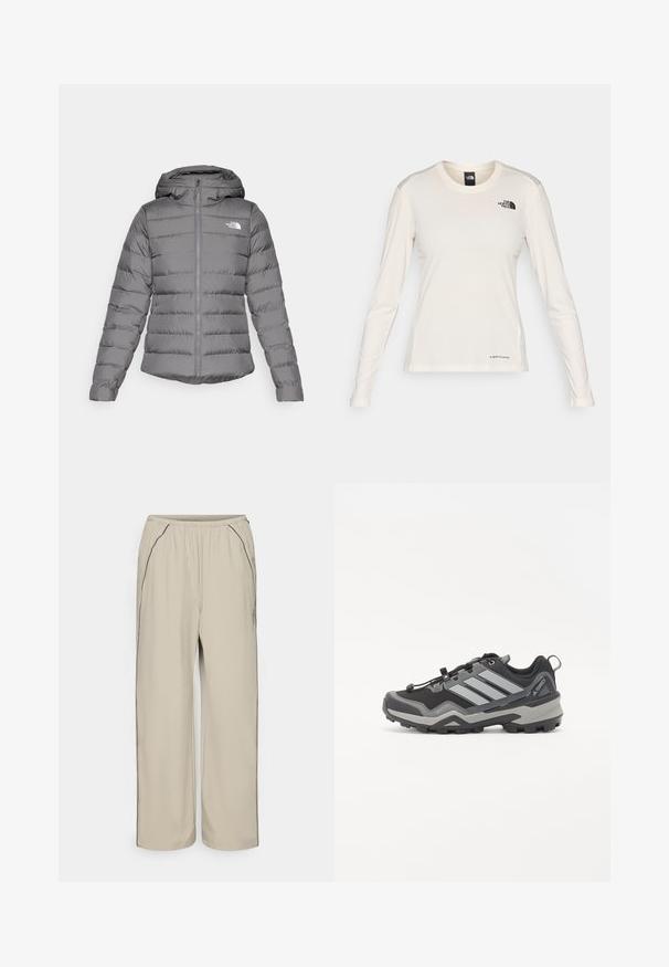 Szürke pehelykabát kapucnival, vízszintes varrásokkal, elülső cipzárral és "The North Face" logóval a bal mellkason.; The North Face SHADOW LONG SLEEVE - Hosszú ujjú felső - white dune; Beige, könnyű nadrág rugalmas derékkal, oldalsó zsebekkel és kontrasztos fekete varrásokkal. Egyenes szárú kivitel, sima textúra.; Fekete és szürke túracipő, texturált felülettel, gumitalppal és három kiemelkedő szürke csíkkal az oldalon; gyorsfűző rendszerrel rendelkezik.