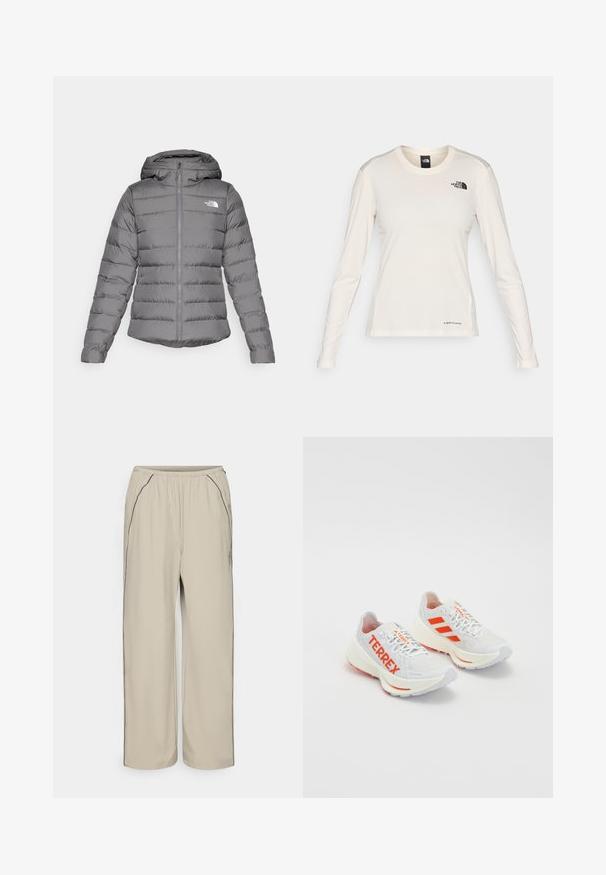 Hall grey puffer jakk, millel on kapuuts, horisontaalne õmblus, esiküljel lukuga ja "The North Face" logo vasakul rinnal.; The North Face SHADOW LONG SLEEVE - Pikkade varrukatega topp - white dune; Beežid, kerged püksid elastse vöökohtaga, küljetaskud ja kontrastse musta õmbluse detailid. Sirge jala disain, sile tekstuur.; Valged jooksujalatsid oranžide aktsentidega. Võrgumaterjal, ümar varvas ja paks vahevaip. "TERREX" on trükitud külg poole ja kolm triipu kannal.