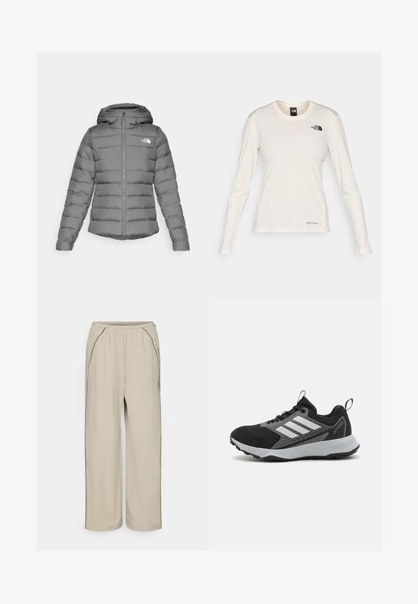 Pilkas pūkinis džemperis su gobtuvu, horizontalios siūlės, priekinis užtrauktukas ir "The North Face" logotipas kairėje krūtinės pusėje.; The North Face SHADOW LONG SLEEVE - Ilgarankovis viršutinės dalies drabužis - white dune; Šviesiai rudos, lengvos kelnių su elastinga juosta, šoninėmis kišenėmis ir kontrastingais juodais kraštų apdailos elementais. Tiesaus kirpimo dizainas, lygus paviršius.; Juodas sportinis batelis su pilkais akcentais, turintis tekstūruotą tinklelio viršutinę dalį, tris baltas juosteles ir guminį pado padą, užtikrinantį sukibimą.