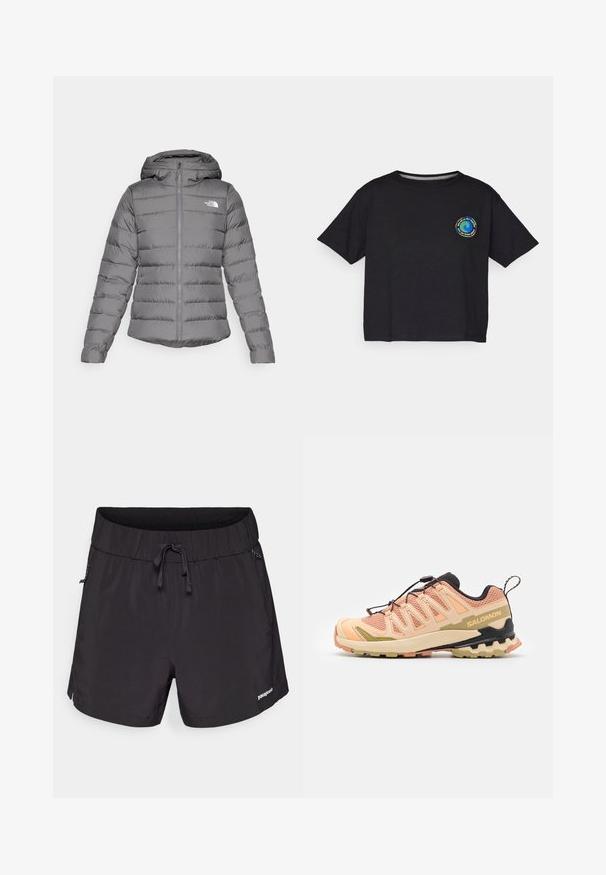 Grijze pufferjack met capuchon, met horizontale stiksels, een rits aan de voorkant en het 'The North Face' logo op de linkerborst.; Zwart katoenen T-shirt met korte mouwen en een ronde, multicolor logo op de borst. Rechte zoom en een relaxte pasvorm.; Zwarte zwemshorts van lichtgewicht stof, met een elastische tailleband, trekkoord en zijzakken voor functionaliteit.; Salomon trailrunning schoen in roze en beige met een gestructureerde mesh bovenkant, flexibele zool, een onderscheidend hielontwerp en reflecterende accenten.