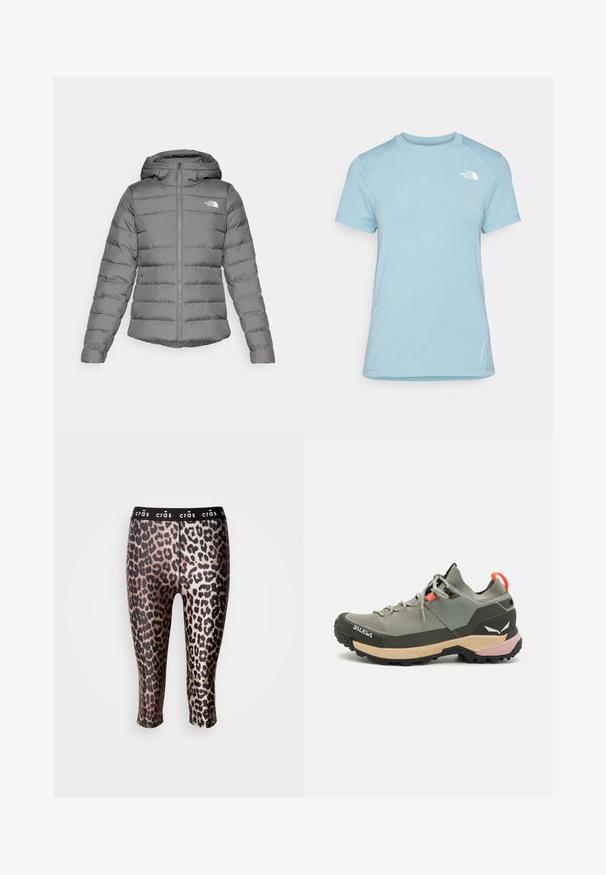 Geacă puf gri cu glugă, având cusături orizontale, fermoar frontal și logo-ul "The North Face" pe partea stângă a pieptului.; Tricou scurt cu mânecă scurtă, de culoare albastru deschis, cu guler rotund. Are un material moale, mâneci raglan și un logo alb pe pieptul din stânga sus.; Colanți scurți dintr-un material elastic, cu un model de leopard negru și auriu, având un breton elastic negru.; Pantofii de drumeție verzi, ușori, din materiale din plasă și cauciuc, cu talpă neagră anti-derapantă, accente roz și portocalii, și vârf întărit.