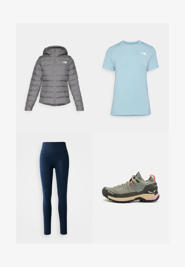 Chaqueta de plumas gris con capucha, con costuras horizontales, un cierre frontal y el logo "The North Face" en el lado izquierdo del pecho.; Camiseta de manga corta azul claro con cuello redondo. Presenta una tela suave, mangas raglán y un logo blanco en la parte superior izquierda del pecho.; Leggings azul marino hechos de tela acanalada elástica, con una cinturilla alta y diseño ajustado, aptos para ropa deportiva.; Zapatilla de senderismo ligera en verde, con materiales de malla y goma, suela traccionadora negra, acentos en rosa y naranja, y protección reforzada en la puntera.