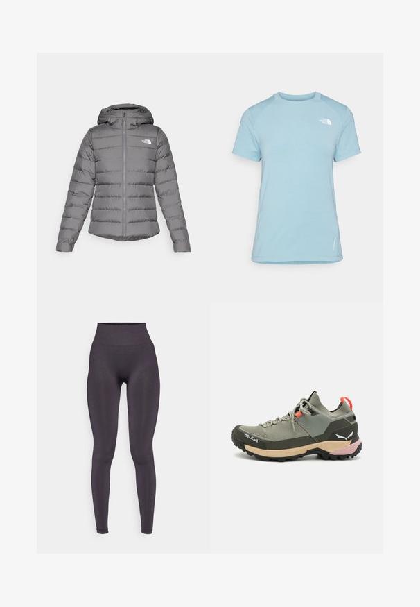 Hall grey puffer jakk, millel on kapuuts, horisontaalne õmblus, esiküljel lukuga ja "The North Face" logo vasakul rinnal.; Hele sinine lühikeste varrukatega T-särk ümmarguse kaelusega. Omab pehmet kangast, raglaani varrukaid ja valget logo vasakul üleval rinnal.; Kõrge vöökohaga tumehallad retuusid, mis on valmistatud siledast ja elastsetest materjalidest, sobivusega disain ja ilma nähtavate mustrite või riistvarade detailideta.; Kerge rohelise värvi matkais sandaal, mis on valmistatud võrgust ja kummimaterjalidest, musta tõmbevälja, roosa ja oranži aktsentidega ning tugevdatud varvakoobiga.