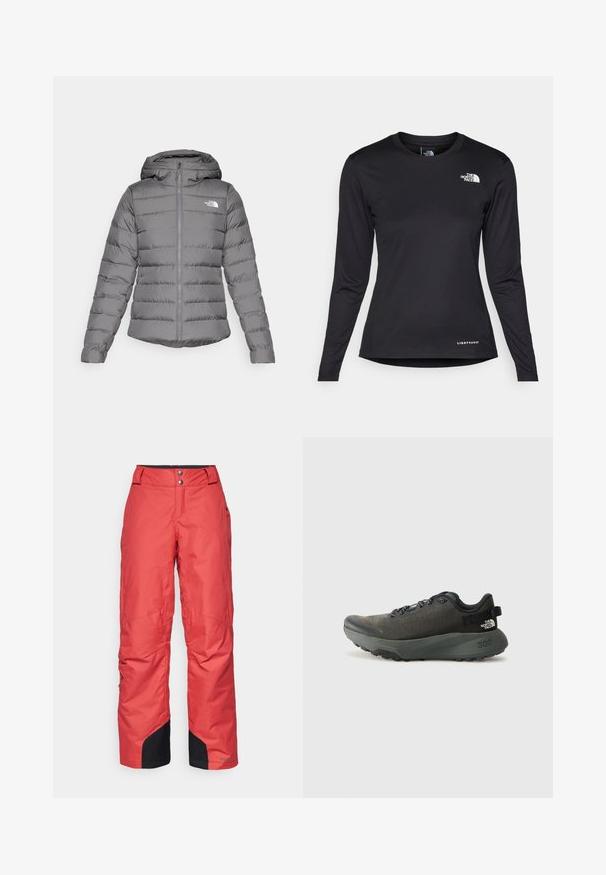 Grijze pufferjack met capuchon, met horizontale stiksels, een rits aan de voorkant en het 'The North Face' logo op de linkerborst.; The North Face SHADOW LONG SLEEVE - Longsleeve - black; Rode sneeuwbroek met een gladde textuur, wijde pijpenontwerp en zwarte accenten bij de boorden. Vastgemaakt met twee knopen bij de taille.; Donkergrijze sportieve schoen met een gestructureerde stoffen bovenkant, vlakke veters, versterkte neus en een dikke, robuuste zool voor grip. 300 is in reliëf op de hiel gedrukt.