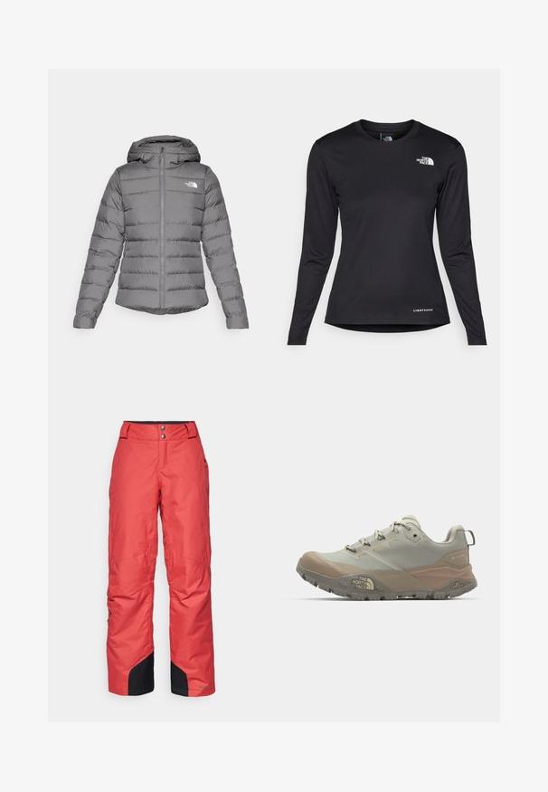 Geacă puf gri cu glugă, având cusături orizontale, fermoar frontal și logo-ul "The North Face" pe partea stângă a pieptului.; The North Face SHADOW LONG SLEEVE - Bluză cu mânecă lungă - black; Pantaloni de zăpadă roșii cu o textură netedă, design cu picioare late și accente negre la tivuri. Prinse cu două butoane în talie.; Pantof sportiv gri deschis cu accente bej, realizat din material sintetic. Dispune de o talpă robustă, design cu șireturi și brand pe lateral.