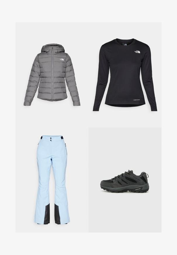 Szürke pehelykabát kapucnival, vízszintes varrásokkal, elülső cipzárral és "The North Face" logóval a bal mellkason.; The North Face SHADOW LONG SLEEVE - Hosszú ujjú felső - black; Világoskék sínadrág, amelynek harang aljú kialakítása van, fekete díszítéssel az alján, két gombbal a derekán és oldalsó cipzáros zsebekkel.; Columbia REDMOND - Túracipők - black/citron haze